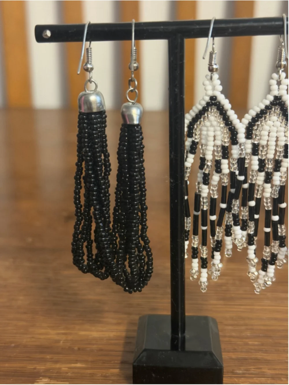 2 Pair Seed Bead Fringe Tassel Earrings Black White Clear Long Dangle Boho